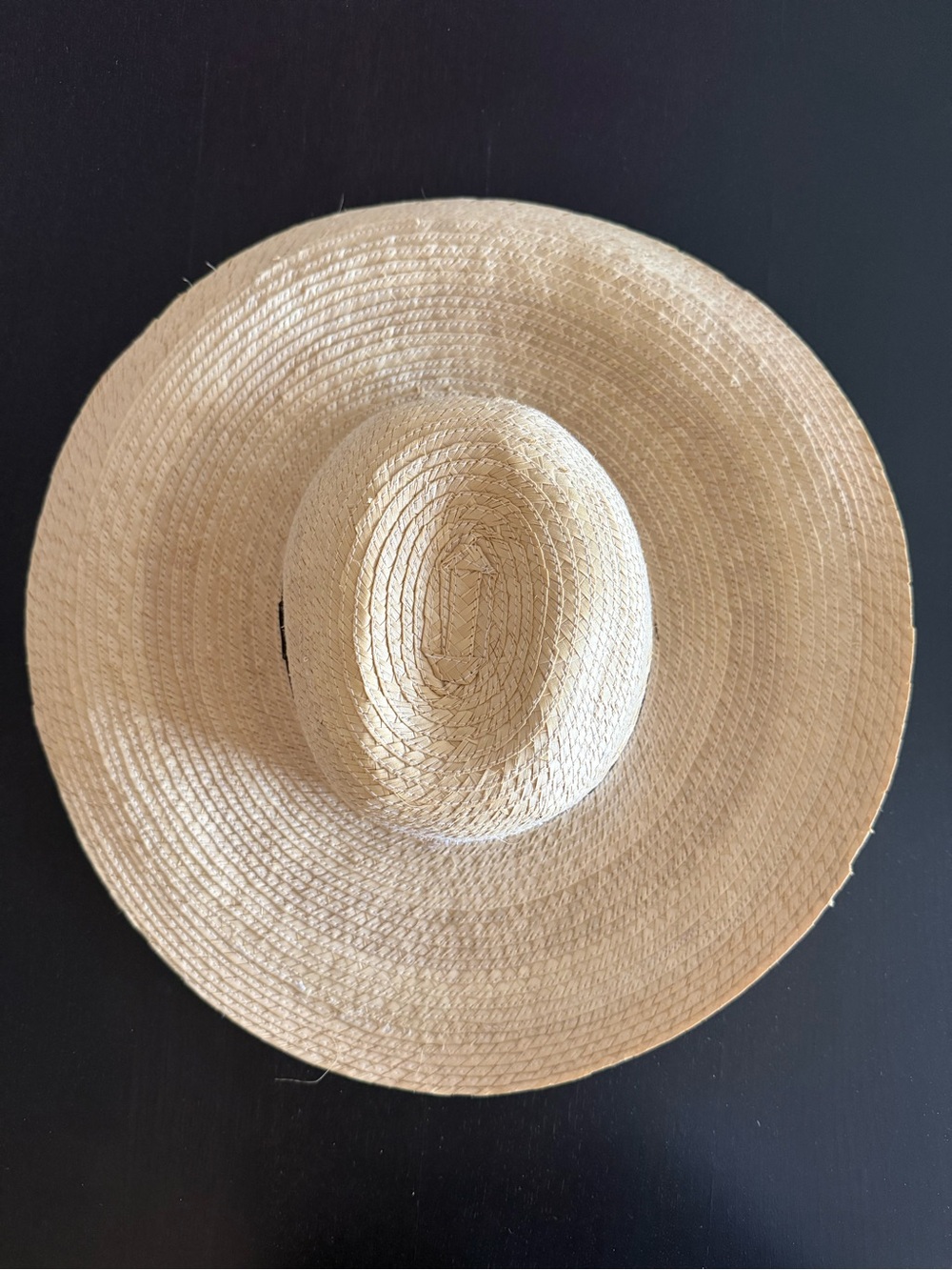 Wide brim straw sun hat black grosgrain band handwoven 15” brim XS/S Boho beach